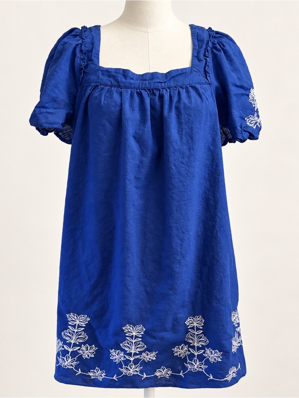 Draper James Linen Blend Embroidered Shift Dress Women’s L Blue White